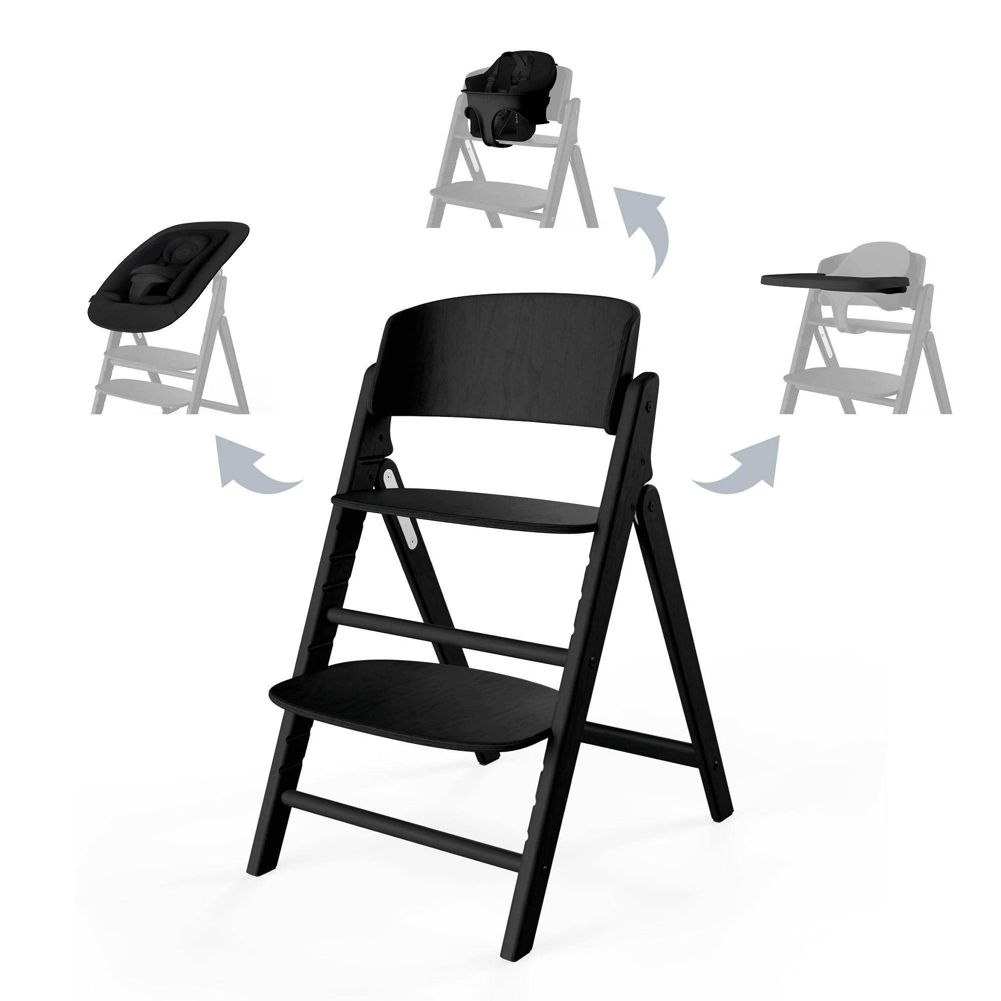CYBEX Set Seggiolone CLICK & FOLD Gold 4in1, Cresce con il bambino, Dalla nascita a 99 anni, Incl. Nido sdraietta in oro, Set per bambini e vassoio, Legno di faggio/​Cotone/​Plastica, Splendido nero