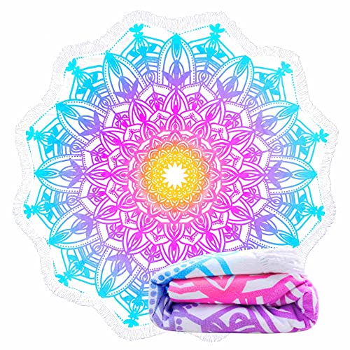Frcisa Mandala Beach Towel Blanket Large Floral Boho Round 60 inch Across Thick Water Absorbent Quick Dry Microfiber Picnic Yoga Mat (Blue Mandala 2)