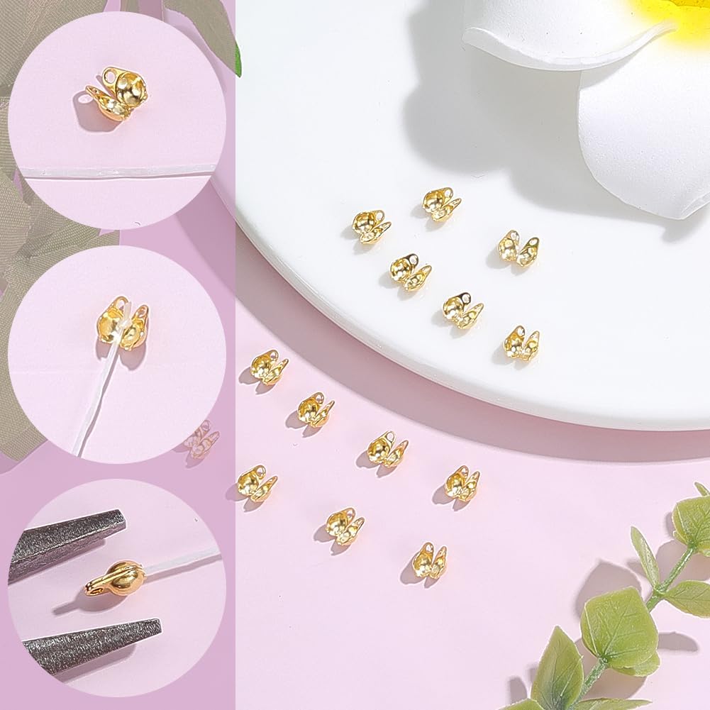 Beebeecraft 1 Box 20Pcs Bead Tips 18K Gold Plated 925 Sterling Silver Open Clamshell Fold-Over Bead Tips Knot Covers Ends Caps Ball Chain for Jewellery Making Bracelets Necklace