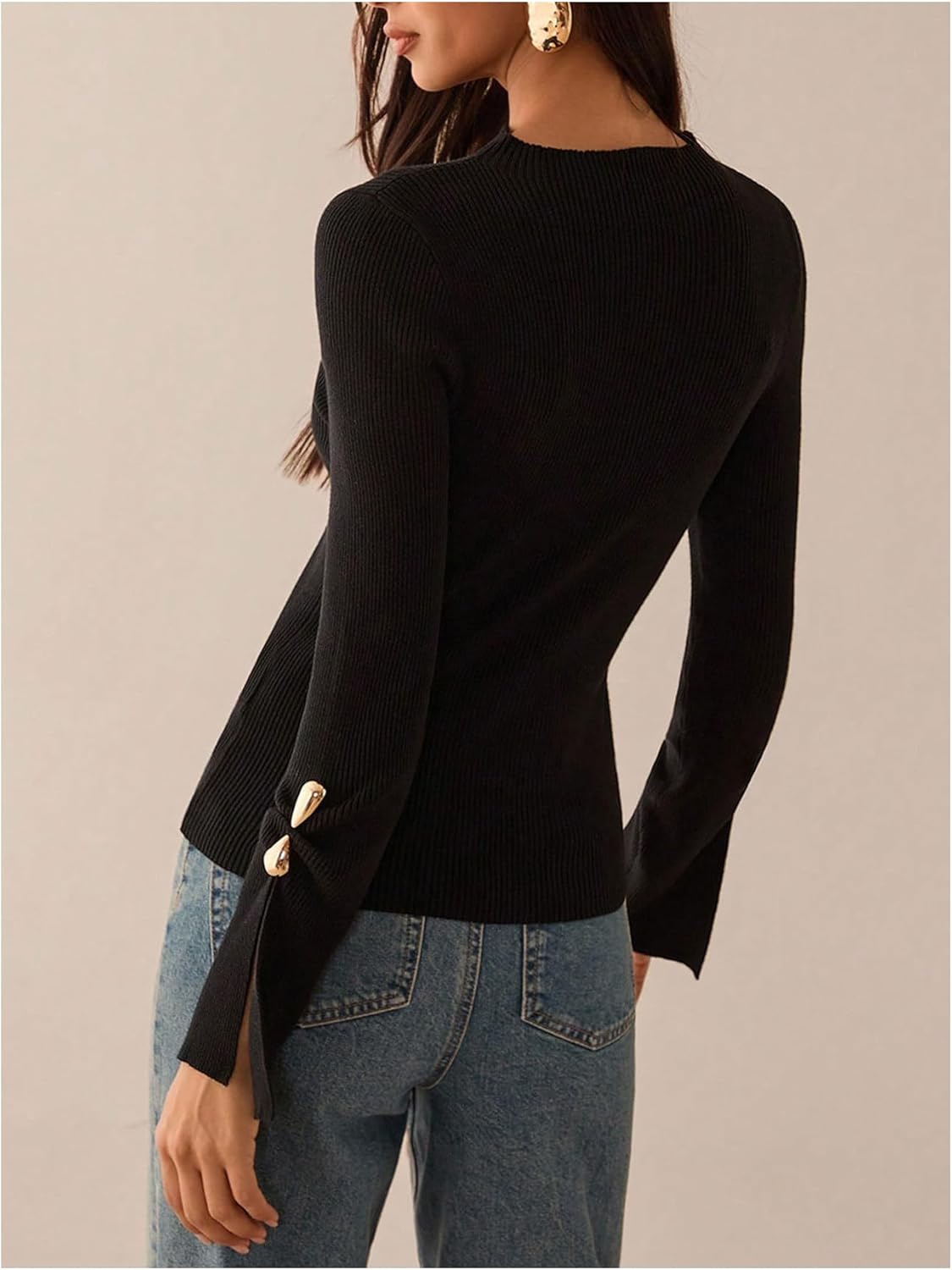 Verdusa Women's Metal Slit Long Sleeve Cozy Sweaters Slim Fit Knit Tops Fall Pullovers Elegant Formal Outfits - Image 2