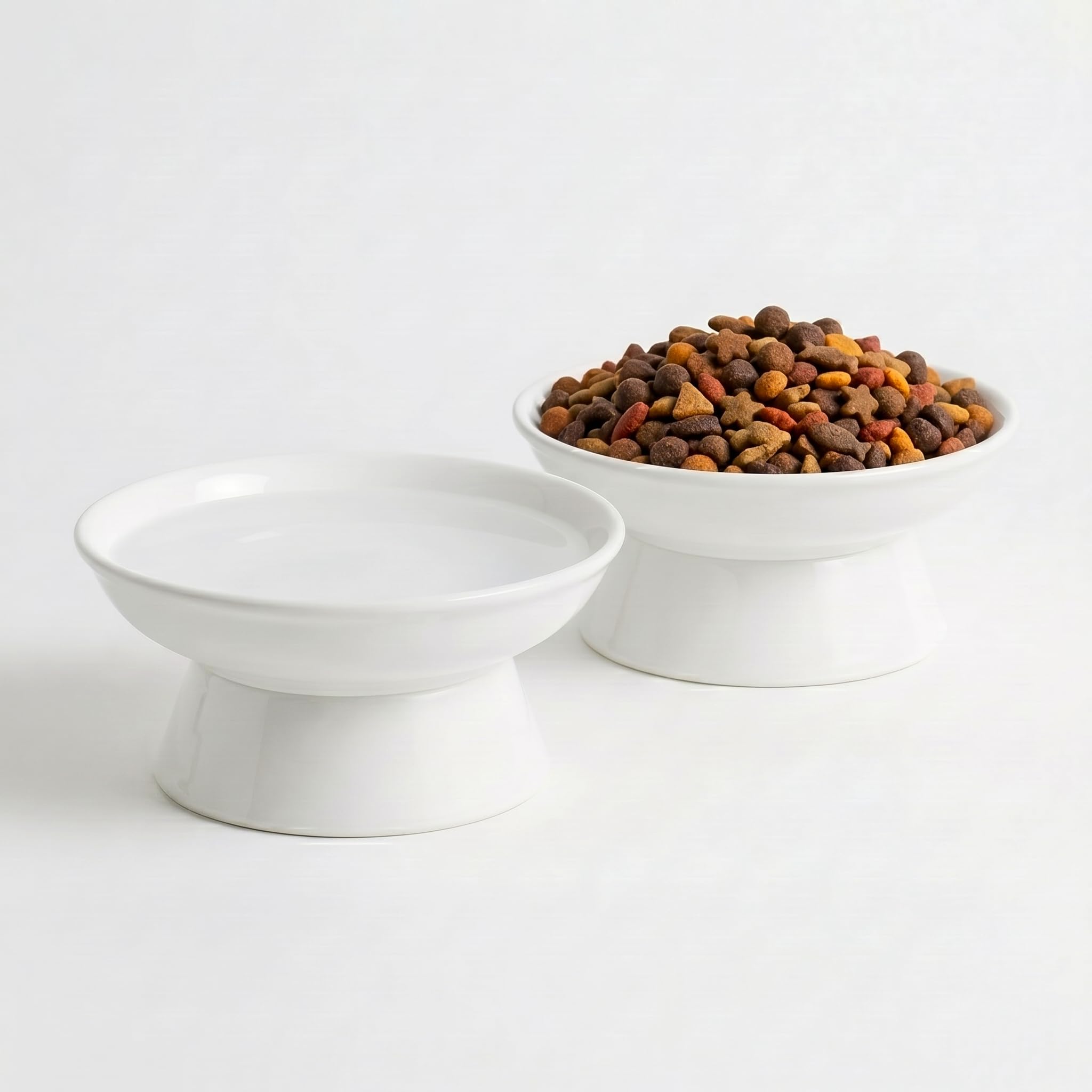 YULL Raised Ceramic Cat Bowls, 6" Wide 2.4" Tall Elevated White Cat Food and Water Dish, Shallow Wide Bowl for Whisker Fatigue Relief (2 Pack)
