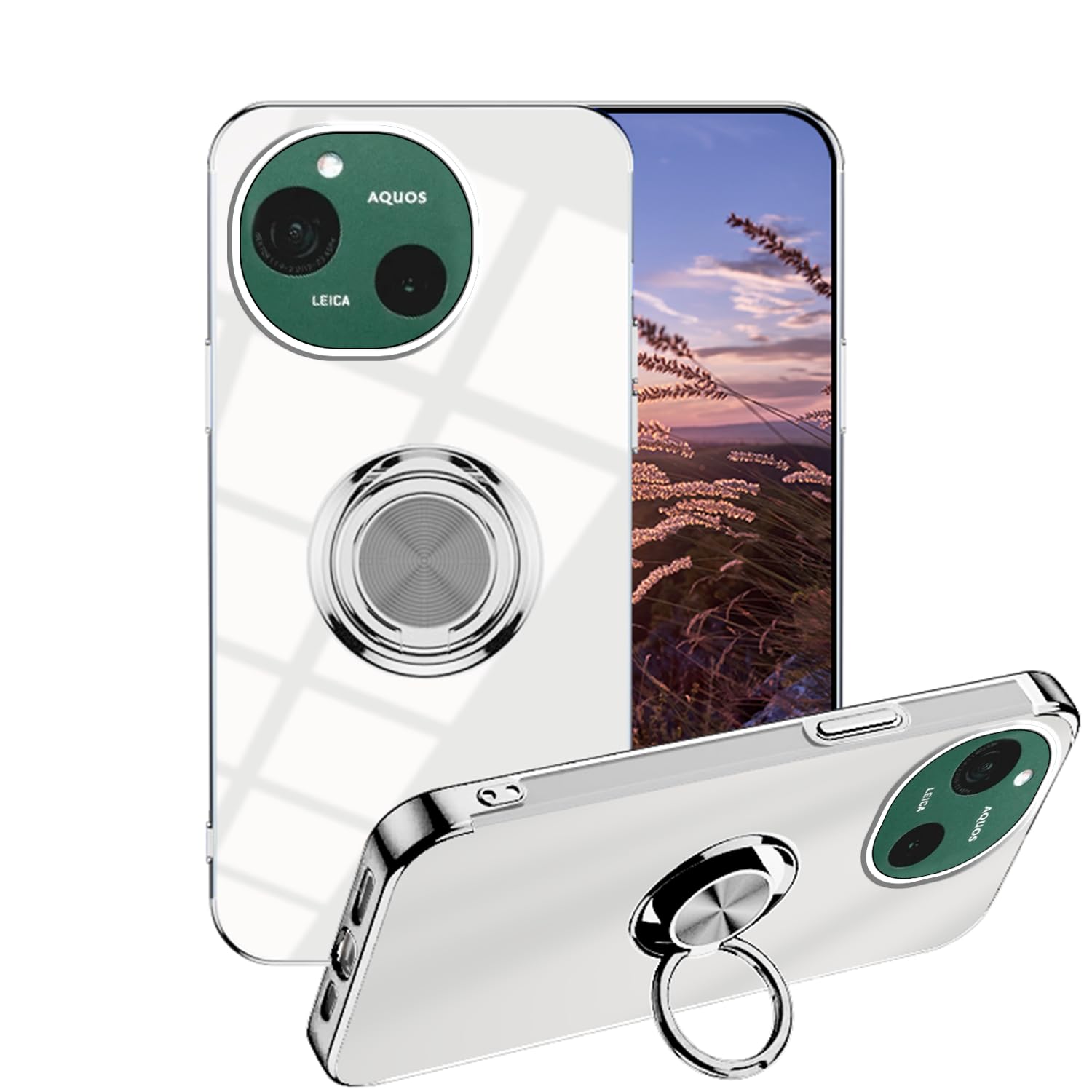 Wousunly ケース互換性がありますAQUOS Sense9ケースクリア リング付き スマホケースAQUOS Sense9リング360°回転車載ホル携帯カAQUOS Sense9カバー 耐衝撃TPU落下防止薄型全面保護 (白)
