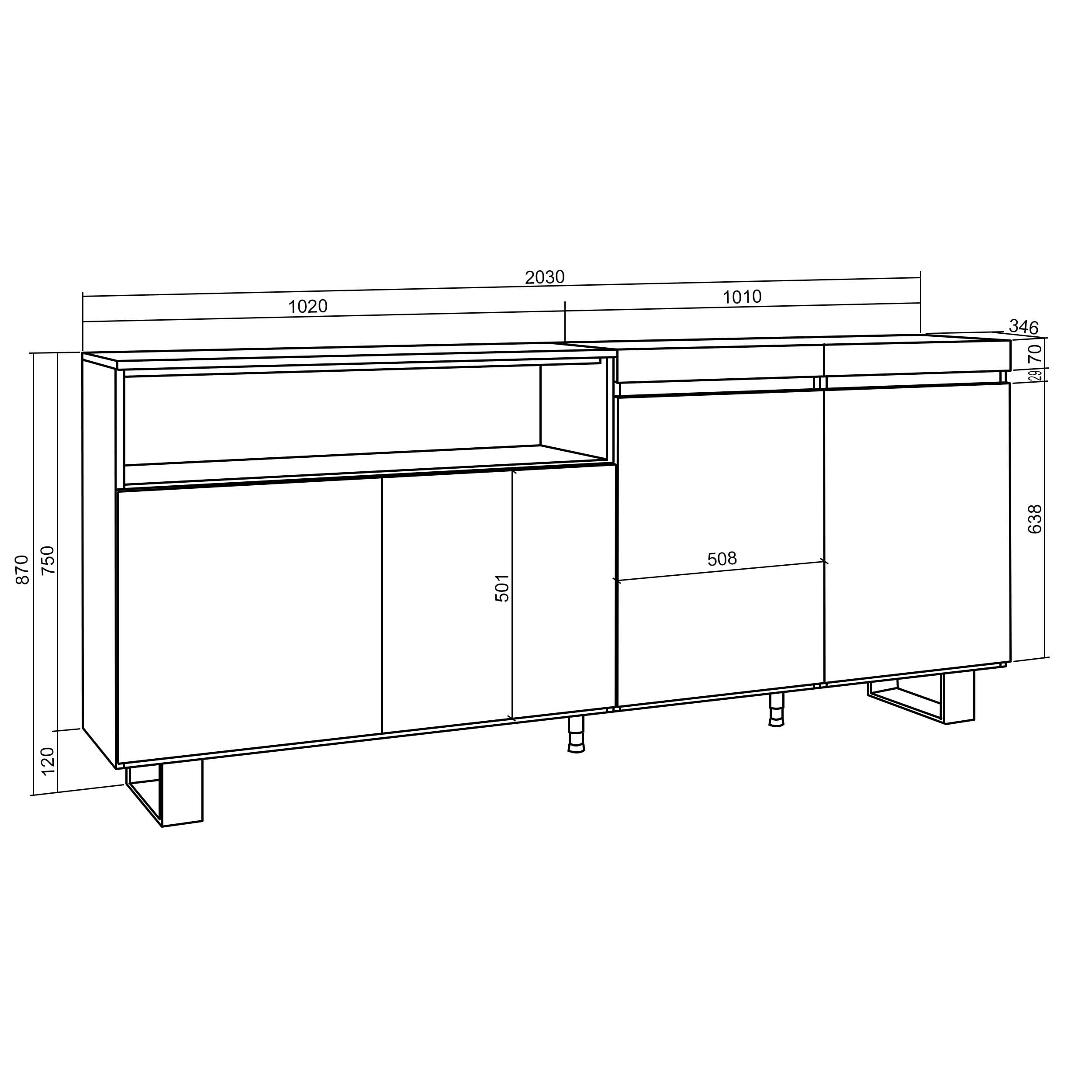 Skraut Home | Buffet Salon et Cuisine | Meuble de Rangement, Commode | 200x87x35cm | 4 Portes | Design Industriel | Style Moderne | Chêne et Noir