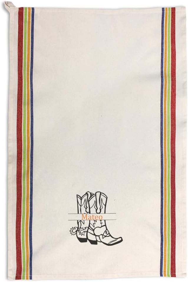 Custom Decor Kitchen Towels Personalized Name Cowboy Boots Western Retro Cleaning Supplies Dish Towels Multi Stripe