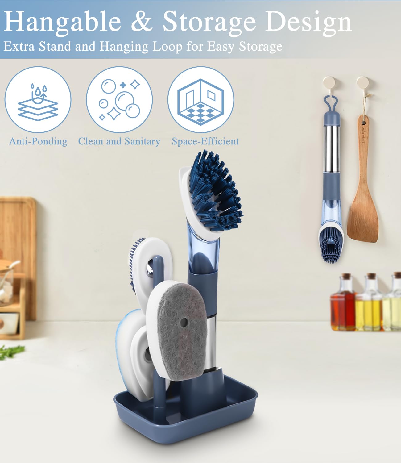 Set Brosse à Vaisselle LEAZZLE Avec Distributeur De Savon - 4 Têtes Remplacement Et Support - 27cm - Pour Casseroles Et Éviers