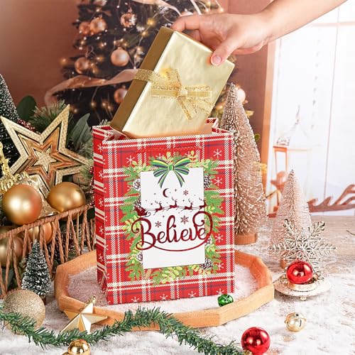 Image of Loveinside Christmas Gift Bags Set, Gold Foil Holiday Wreath & Plaid Design, Medium Size Bags with Handle, Tissue Paper for Christmas Gifts & Party Favors, 4 Pack, 7 inch X 4 inch X 9 inch