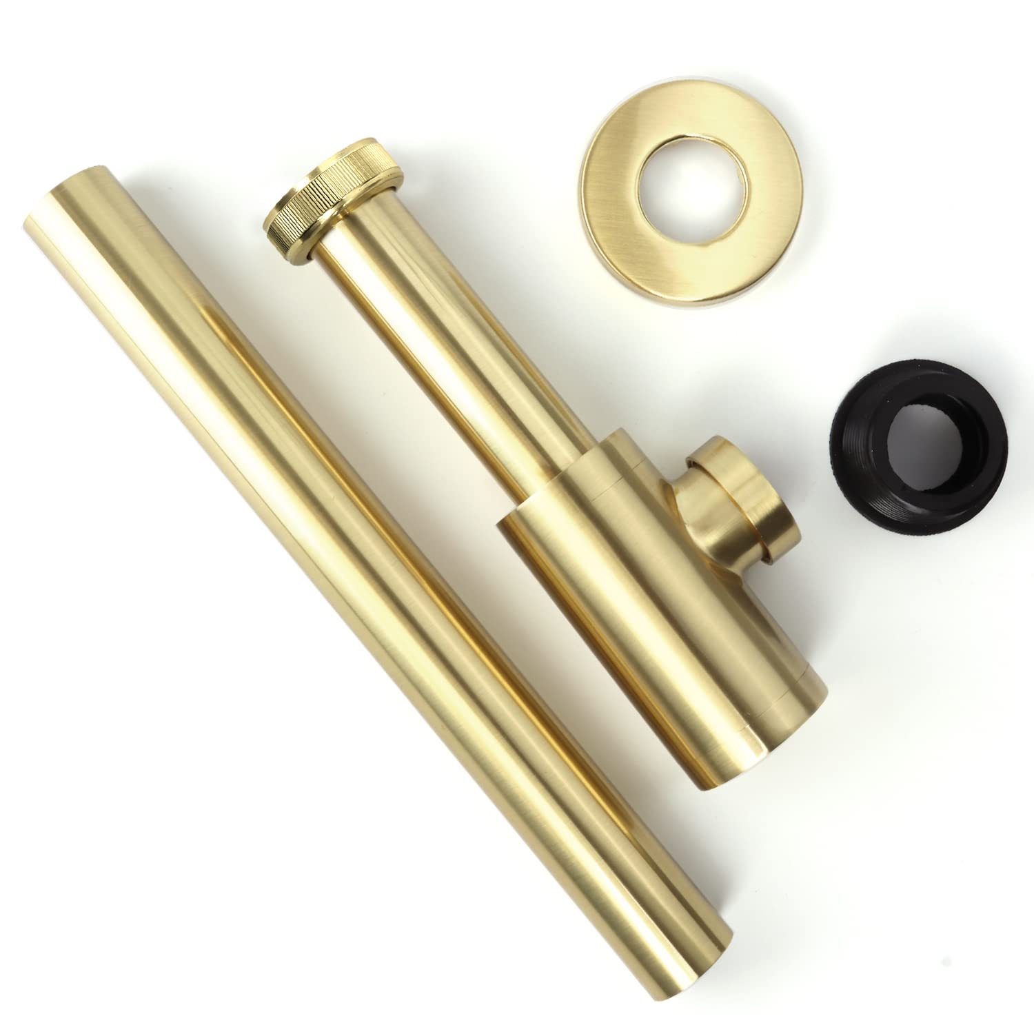 Sifone di design [Tubo di immersione extra lungo da 200 mm], 1 1/4 x 32 mm Spessore regolabile dei tubi, Sifone universale in ottone per lavabo e lavandino, blocco odori (Oro spazzolato)