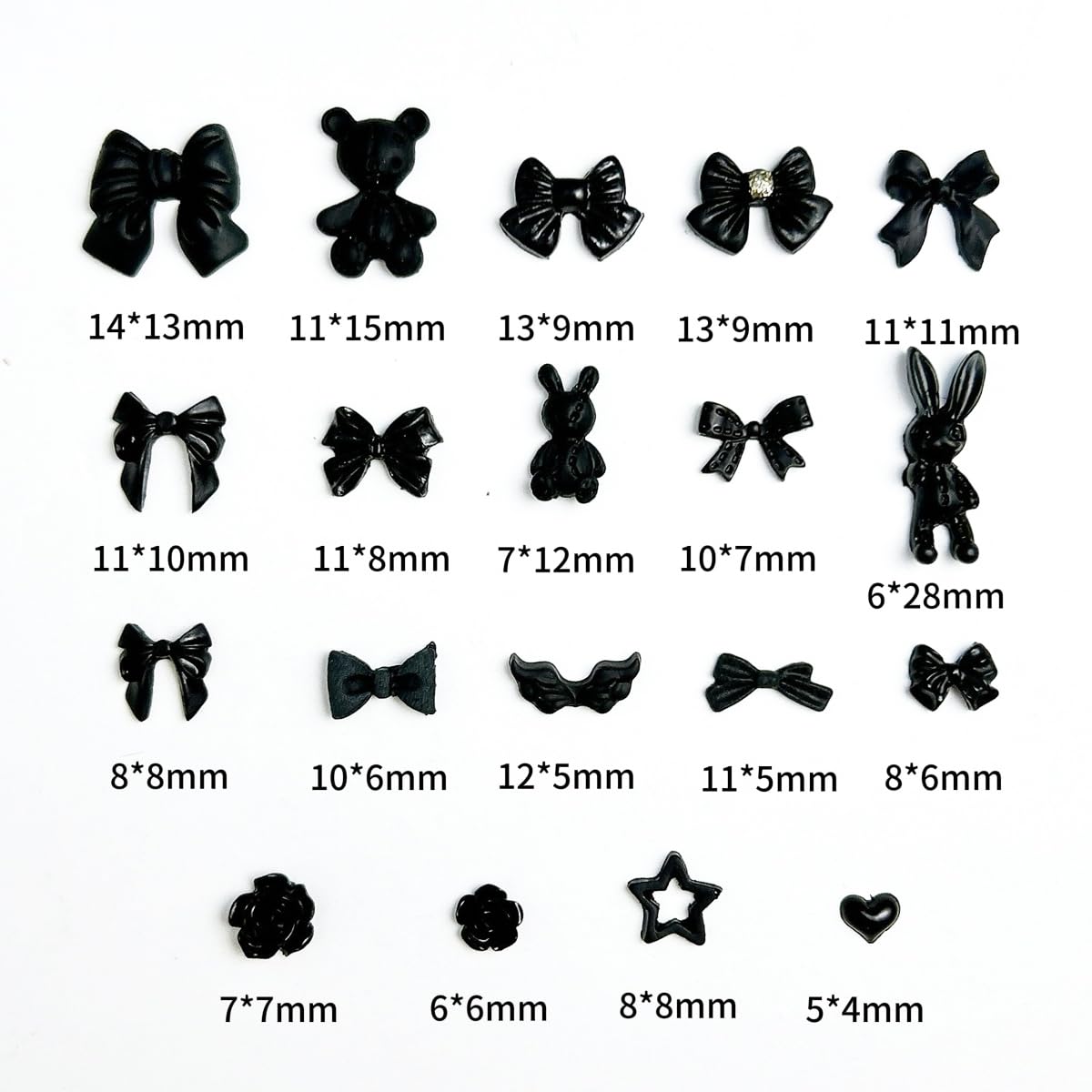 COOSLIM 110 Pieces 3D Nail Charms for Acrylic Nails, Black Camellia Rose Flower Bowknot Heart Bear Rabbit Star Charms for Nail Art Designs DIY Accessories Craft 1