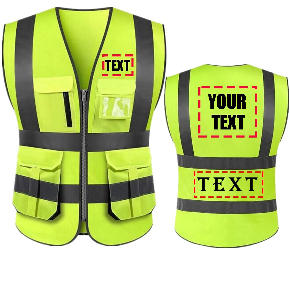 Add Your Name Text on High Visibility Reflective Safety Vest Custom Your Text Protective Workwear 5 Pockets With Reflective Strips Outdoor Work Vest(Neon Yellow XXL)