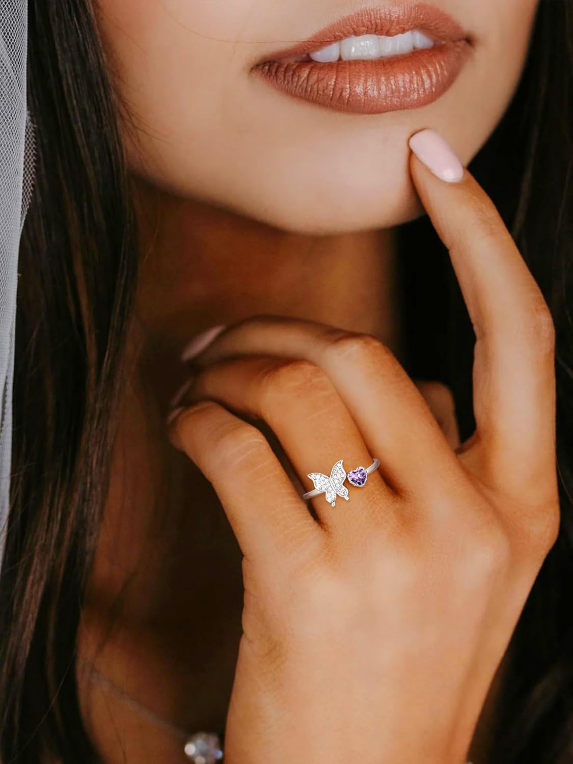 Bestyle 925 Sterling Silver Butterfly Ring Hypoallergnic Adjustable Birthstone Rings for Women Butterfly Jewelry Gifts for Anniversary Mothers' Day Birthday