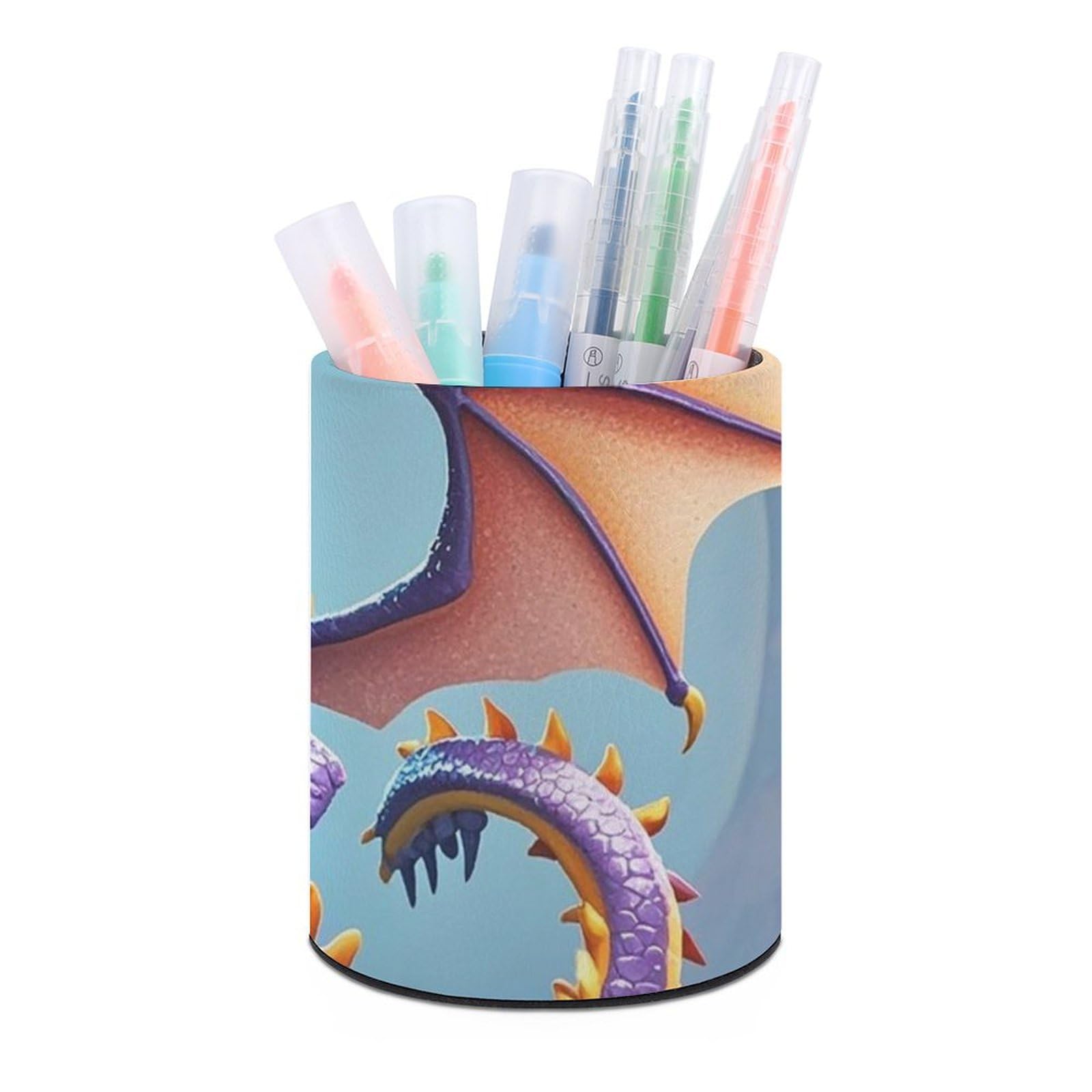 FekiLoot PU Leather Round Pen Holder Cartoon Dragon Pencil Holder Desk Organizer Pen Organizer Pen Cup Pencil Cup Caddy Desktop Stationery Organizers for Office Home Supplies