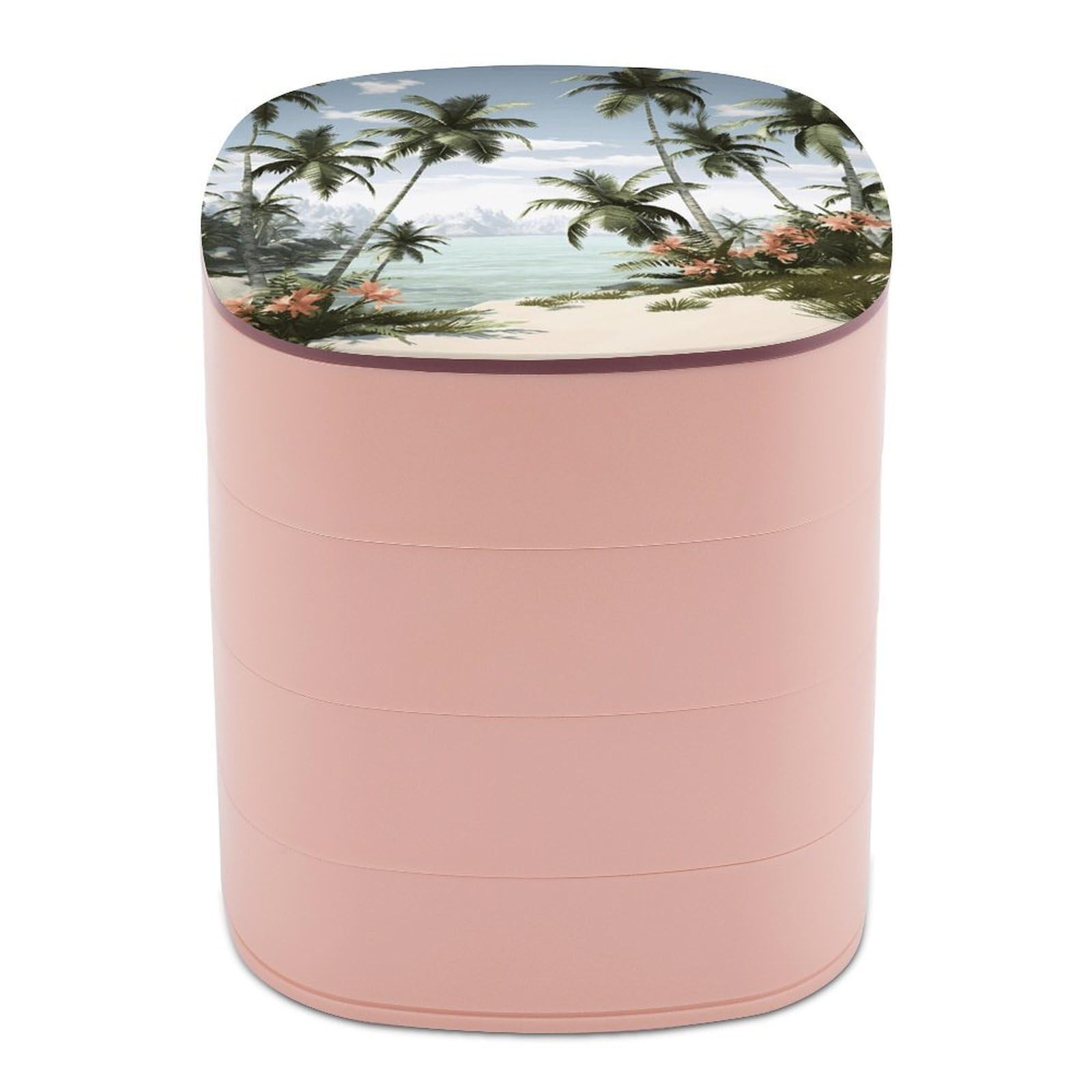 VstaDank Tropical Palm Trees Jewelry Organizer Small Travel Earring Storage Box with Mirror 4-Layer Rotating Travel Jewelry Tray Case with Lid Large Capacity Jewellery Holder Case