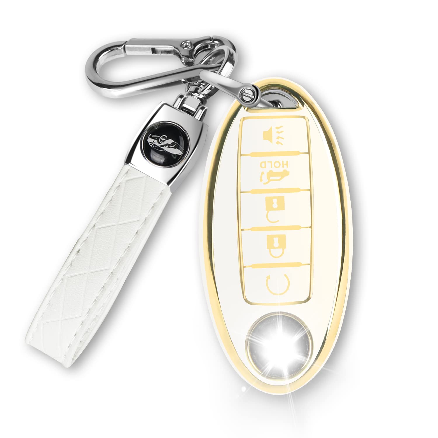 MILD EAST 5 Button Key Fob Cover for Altima Armada Maxima Murano Pathfinder Rogue Infiniti, Soft TPU Key Case Shell with Leather Keychain Full Key Protector, White