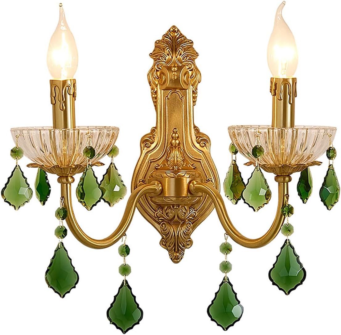 Crystal Wall Light Sconce Elegant Modern Retro Luxury Wall lamp with Green Crystal Drops Shade Gold Brass Wall Light Fixtures Bedside Wall lamp for Bedroom Living Room Hallway (2-Lights)