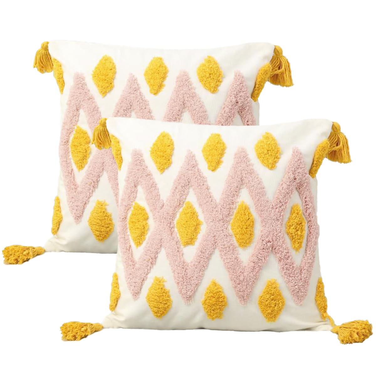 Andreannie Pack of 2 Boho Tufting Throw Pillow Cover Embroidered Textured Cushion Cover with Tassels Soft Home Decororative for Couch Sofa 18x18 inch