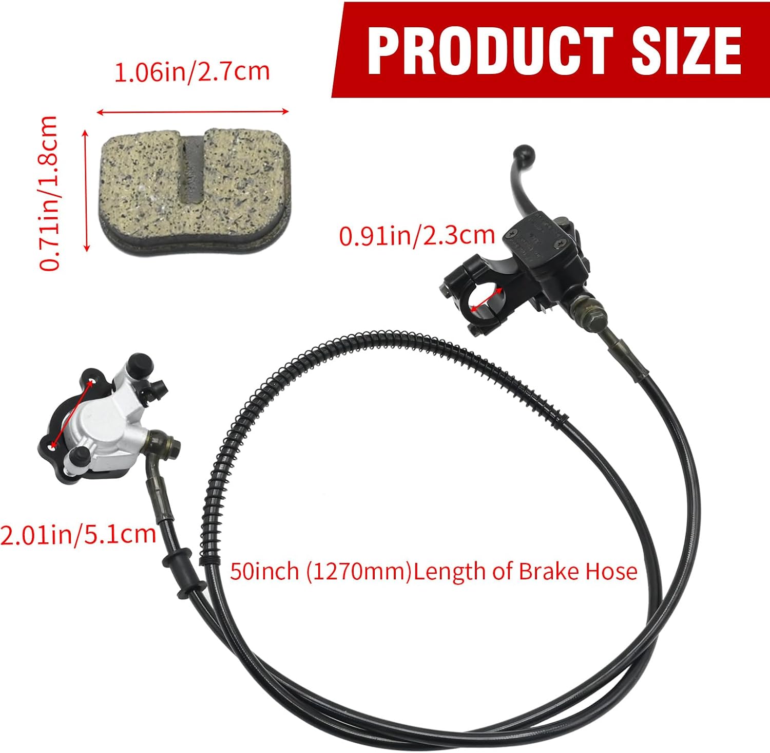 50" Hose Hydraulic Disc Hand Brake Master Cylinder Caliper with Brake Pad Assembly Replacement for 97cc 98cc 2.8HP 3.0HP Mini Bike Replacement for Baja Motorsports Doodle Bug DB30