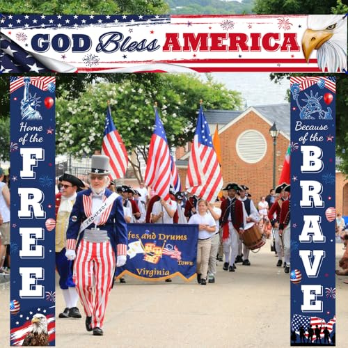 Image of AIBIIN God Bless American Decorations for 4th of July Memorial Day Porch Sign BannersPatriotic Decoration Hanging Banner Independence Day Veterans Day Hanging Banner for Yard Indoor Outdoor