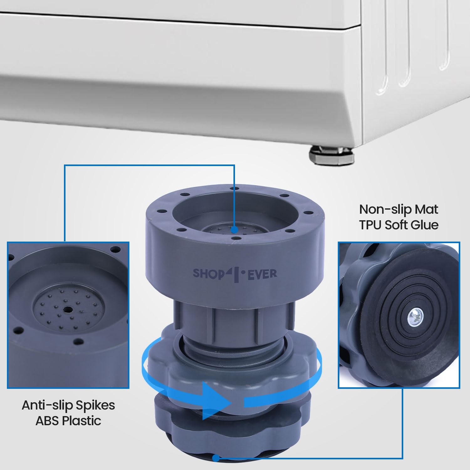 Shop4Ever Washing Machine Adjustable Stand Legs (Set of 4) | Height Raiser for Front/Top Load | Anti-Vibration Anti-Slip Rubber Base | Universal Fit for Fridge & Appliances 2
