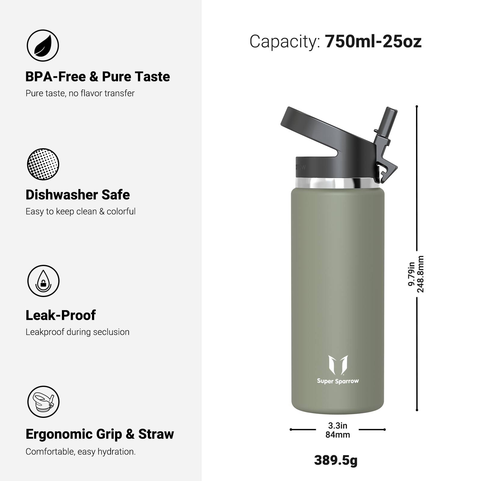 Super Sparrow Borraccia Termica - 500ml, 750ml, 1L - SwivelSip Inox Bottiglia - Senza BPA Borracce Termiche, Borraccia Bambini Ergonomica per Scuola, Sportiva, Bici, Campeggio, Palestra