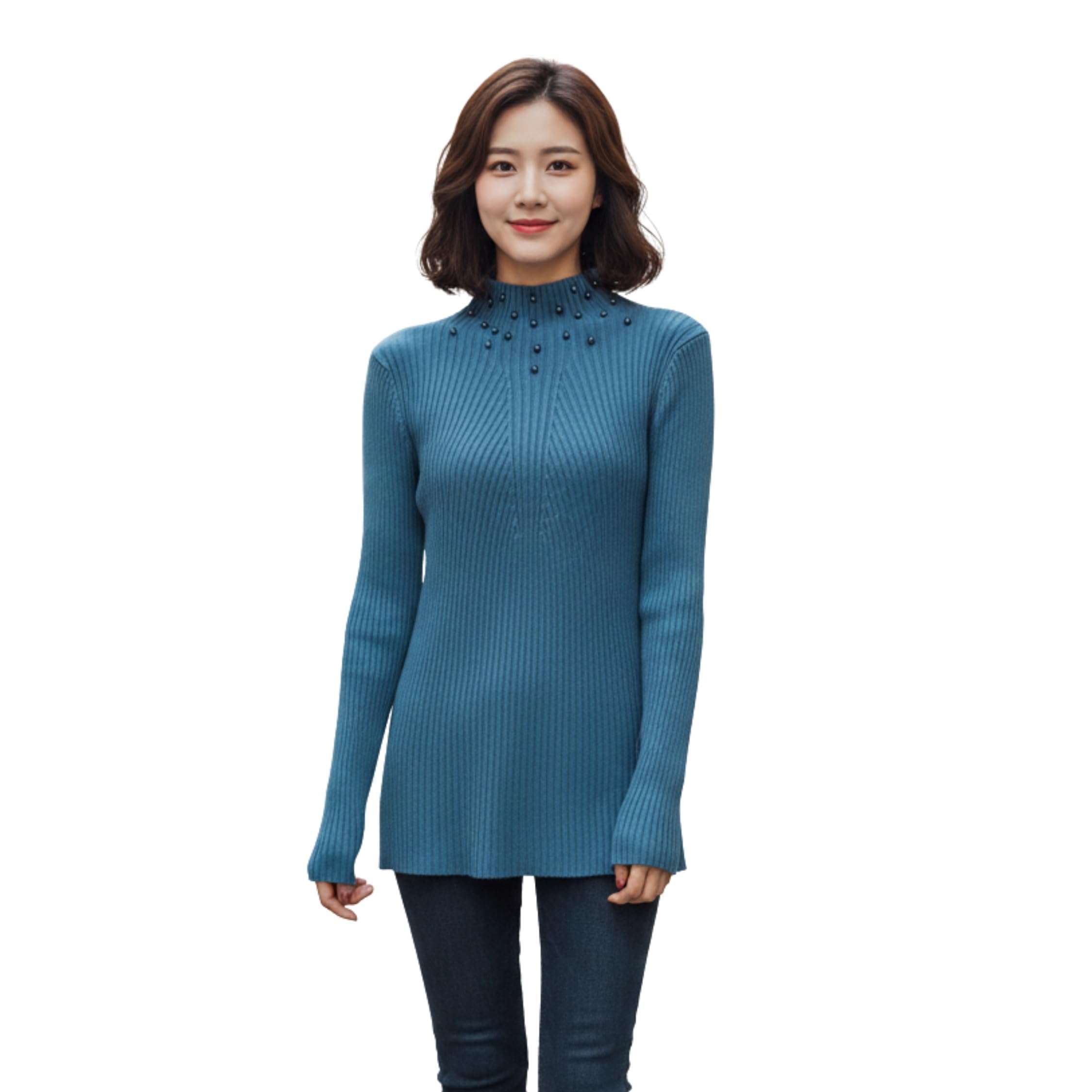 Women’s Ribbed Knit Full Sleeve Top with Mock Neck & Pearl Bead Detail | Slim Fit Winter Wear Sweater Top for Girls & Women-picture-58