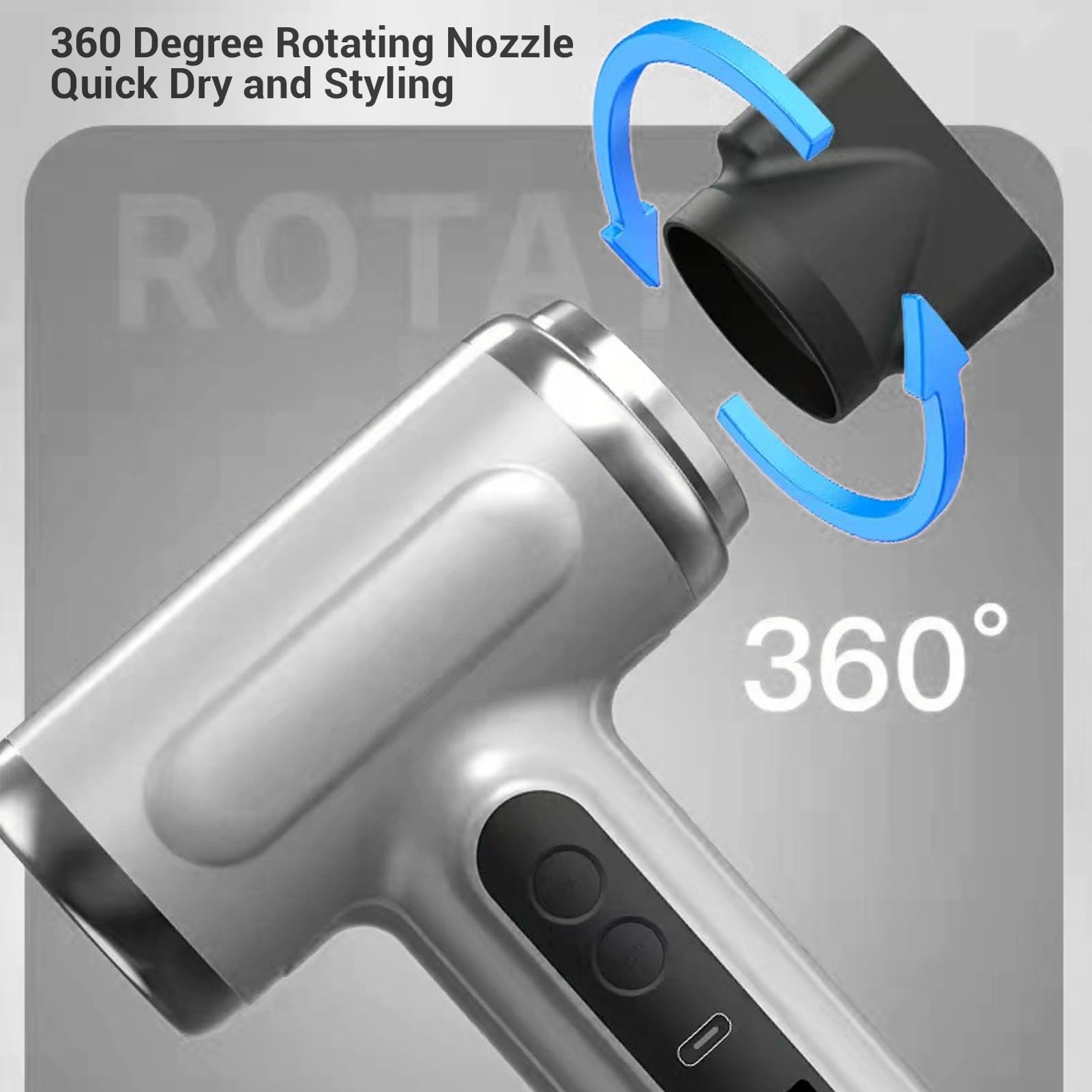 Jectse 200 W -Haartrockner, 15600 MAh Wiederaufladbarer Haartrockner, Leichter Föhn, Tragbarer Reise-, Kleiner für Camping, Grau