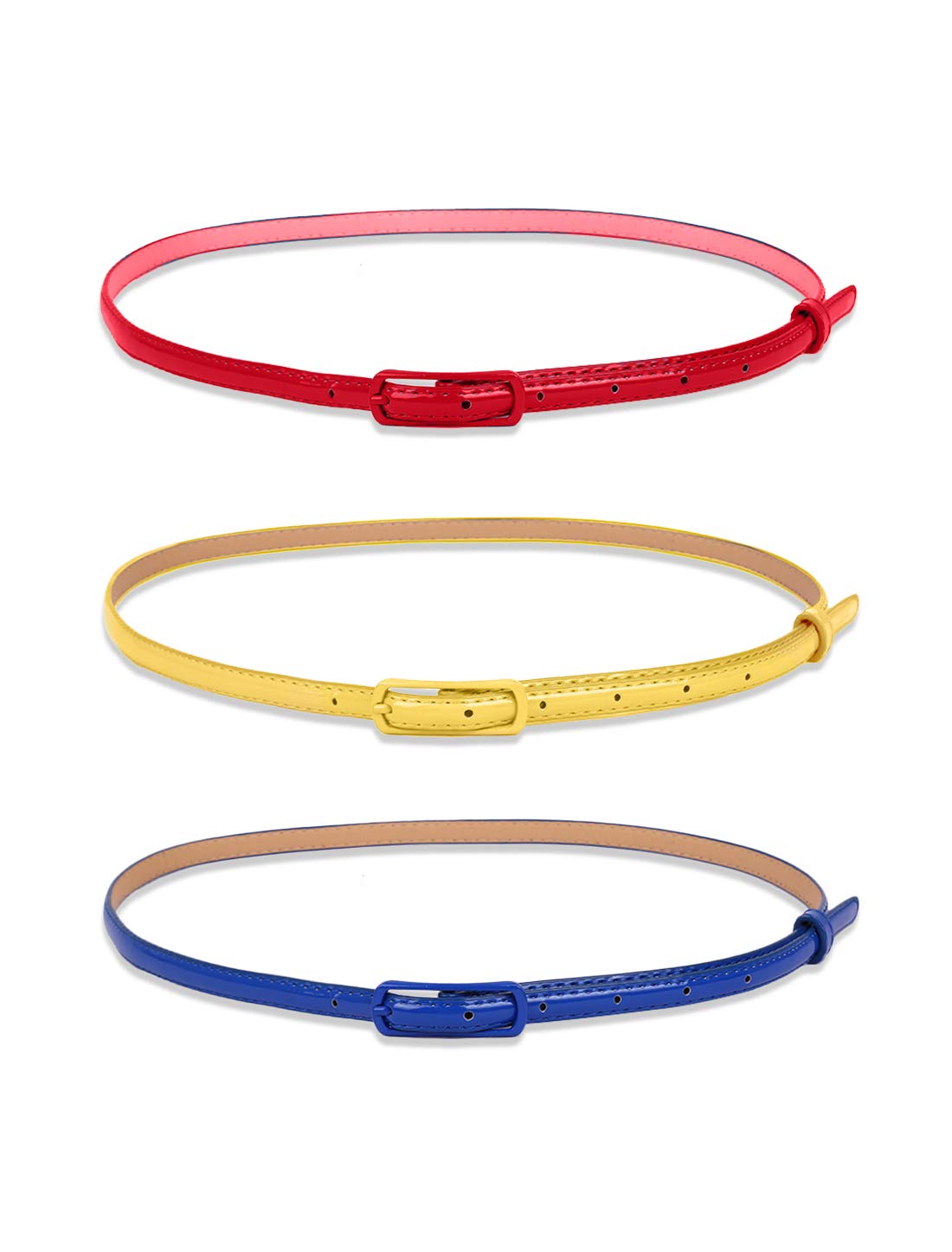 sourcing map Womens Patent Leather Skinny Belt for Jeans Dress Pants with Alloy Buckle Red+ Yellow+Royal Blue waist:29-32