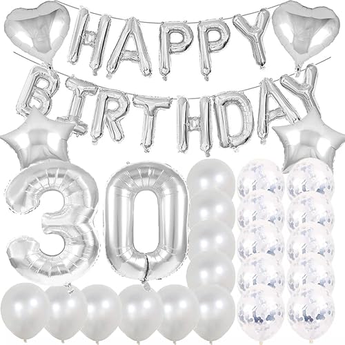 Decoraciones de cumpleaños número 30, suministros de fiesta, globos plateados del número 30, globos de aluminio de Mylar de 30  decoración de globos