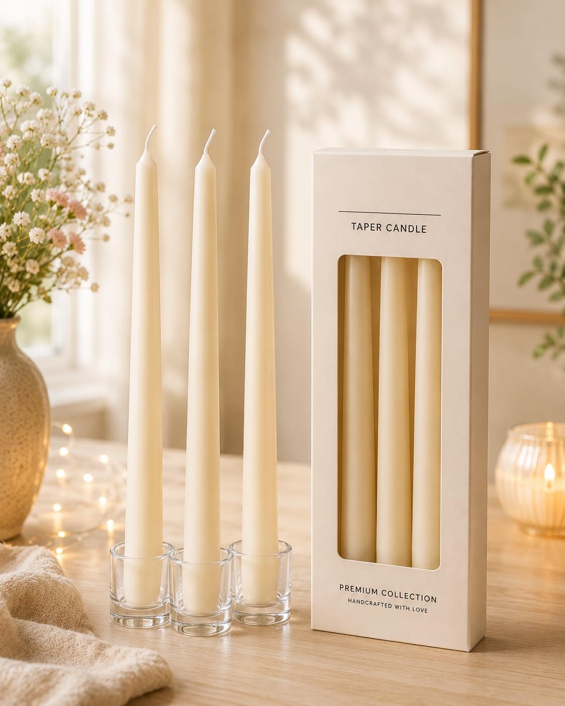 White Soy Wax Unscented Taper Candle | 10-Inch Bundle of 3 | Hand-Poured, Smokeless, Dripless | 7–8 Hour Burn | Home Decor, Pooja, Dinner Table & Wedding Use-image-30