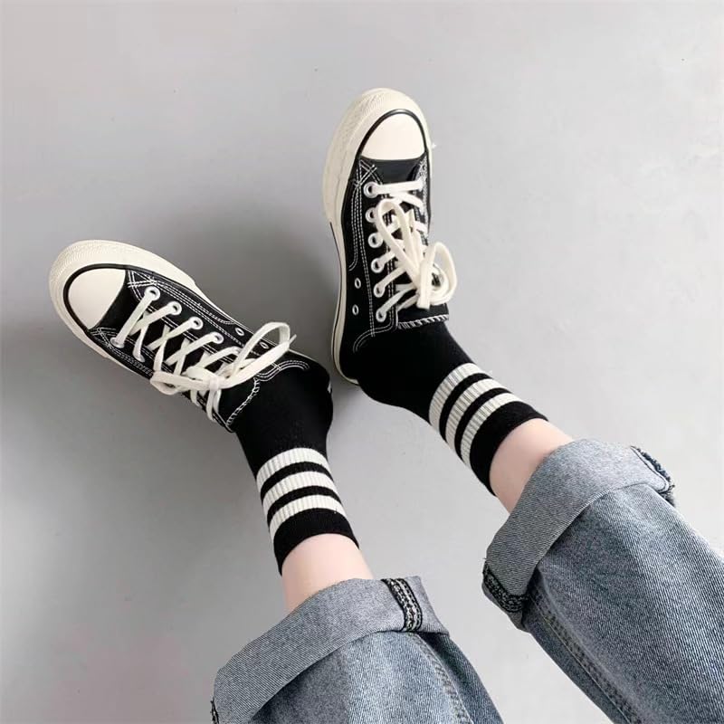 NANAGO 6 PAIRS Black White Striped socks, Retro Crew Socks for Men & Women,spring and summer SIZE 9-113