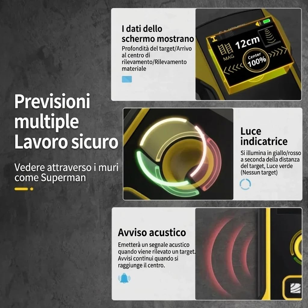 Rilevatore da Parete Professionale FNWD02 – istruzioni in Italiano - Scanner Muro per Cavi Elettrici, Tubi e Armature – Display TFT HD, USB-C, Precisione Millimetrica fino a 120 mm
