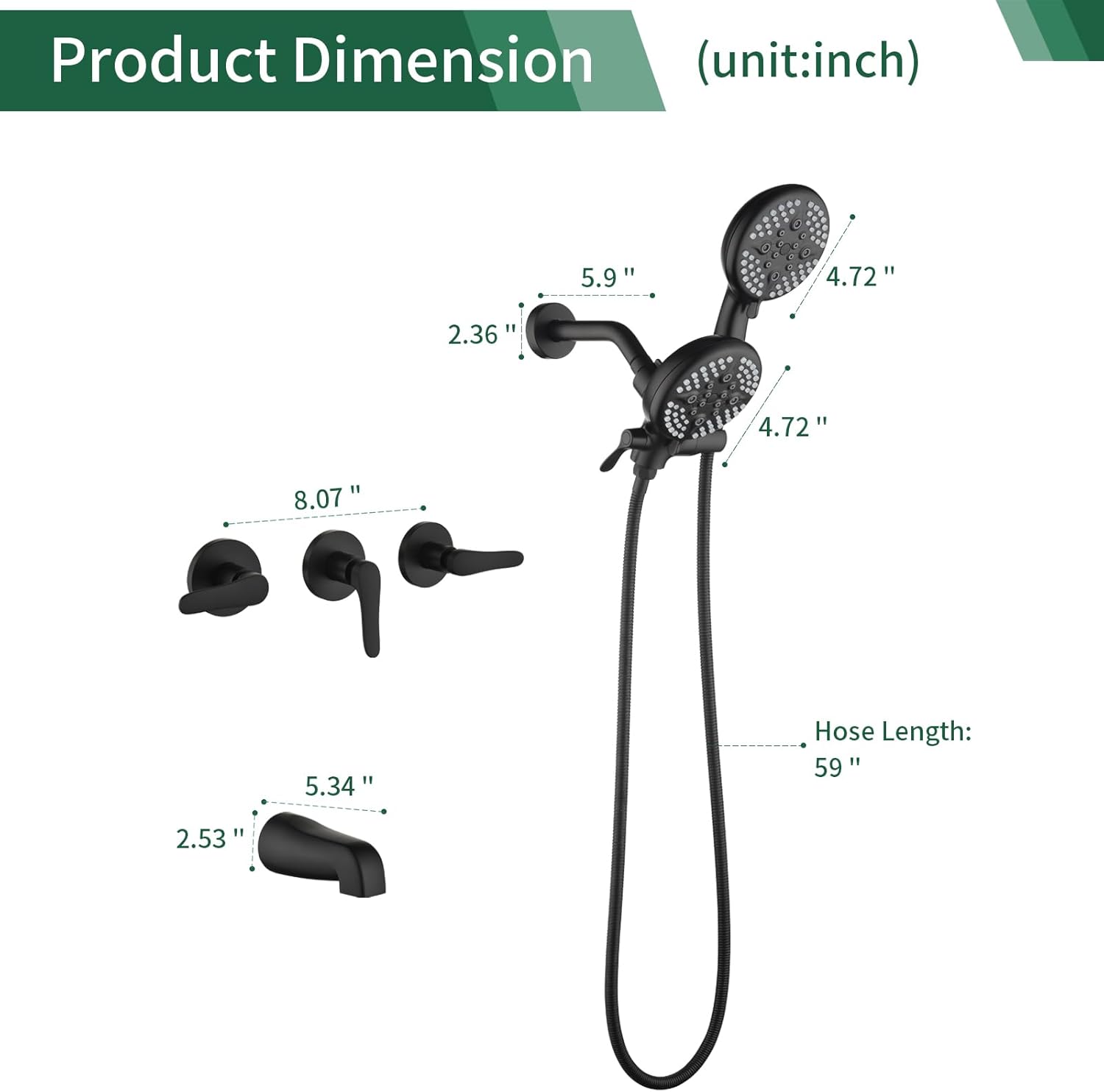 3 Handle Tub Shower Faucet Set Shower System with Tub Spout Bathtub Faucet Set Shower Tub Combo Set Complete Tub and Shower Trim Kit Matte Black