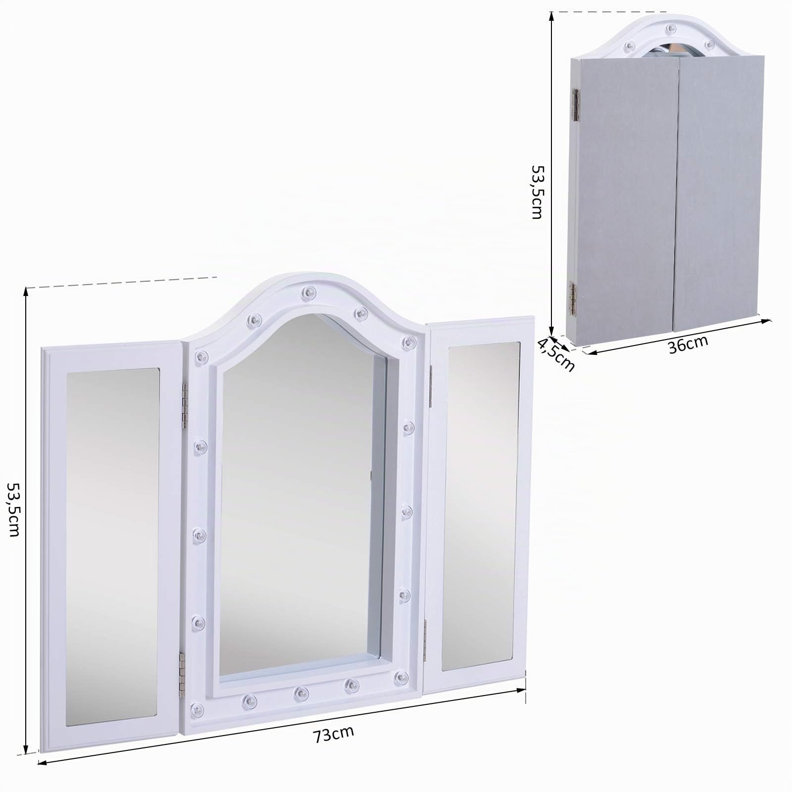 HOMCOM Kosmetikspiegel Schminkspiegel 16 x LED-Beleuchtung freistehend 180° ausklappbar Batteriebetrieben Weiß 3 Spiegel 73 x 53,5 x 4,5 cm