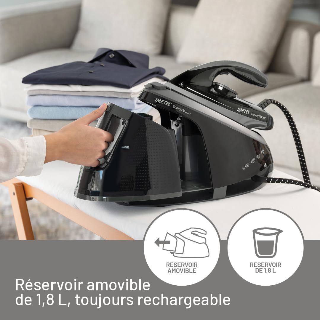 Imetec Fer à Repasser Vapeur Energy Vapor - Fer À Vapeur Léger 2400 W, Pompe 6,5 Bars - Centrale Vapeur avec Dispositif de Nettoyage - Débit Vapeur 400 g/min - Réservoir 1,8 L