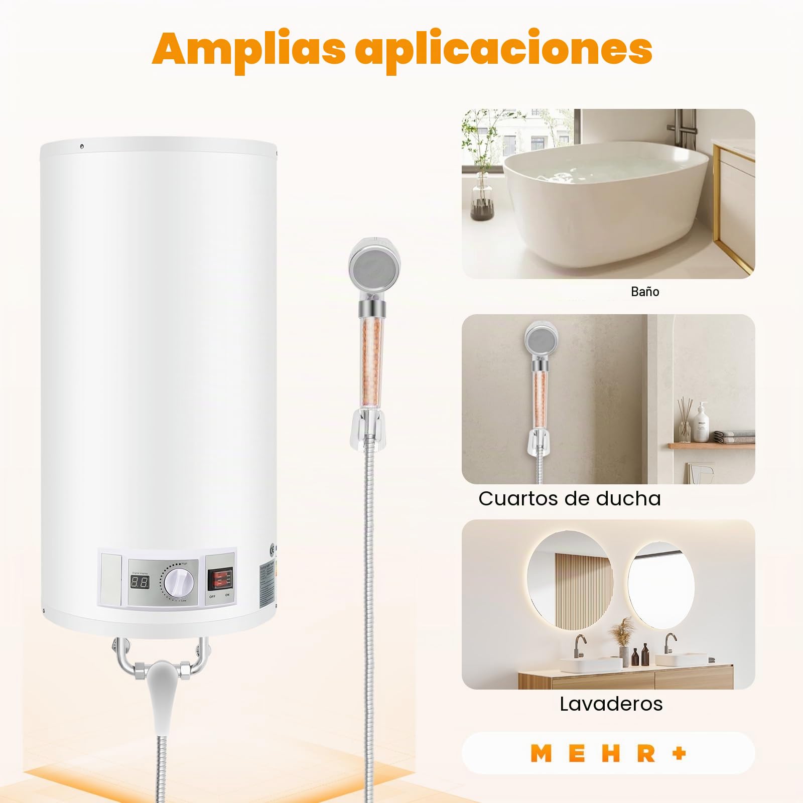 MINRS Calentador de agua caliente eléctrico de 50 L, 2000 W, 220 V, calentador de agua caliente, caldera de agua eléctrica, con ducha de mano y pantalla LED, protección contra sobrecalentamiento,