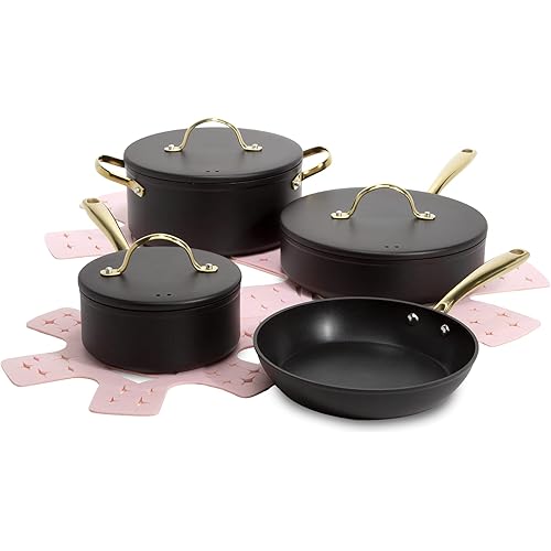 Paris Hilton Iconic Nonstick Pots and Pans Set, Multi-layer Nonstick Coating, Matching Lids With Gold Handles, Made without PFOA, Dishwasher Safe Cookware Set, 10-Piece, Black