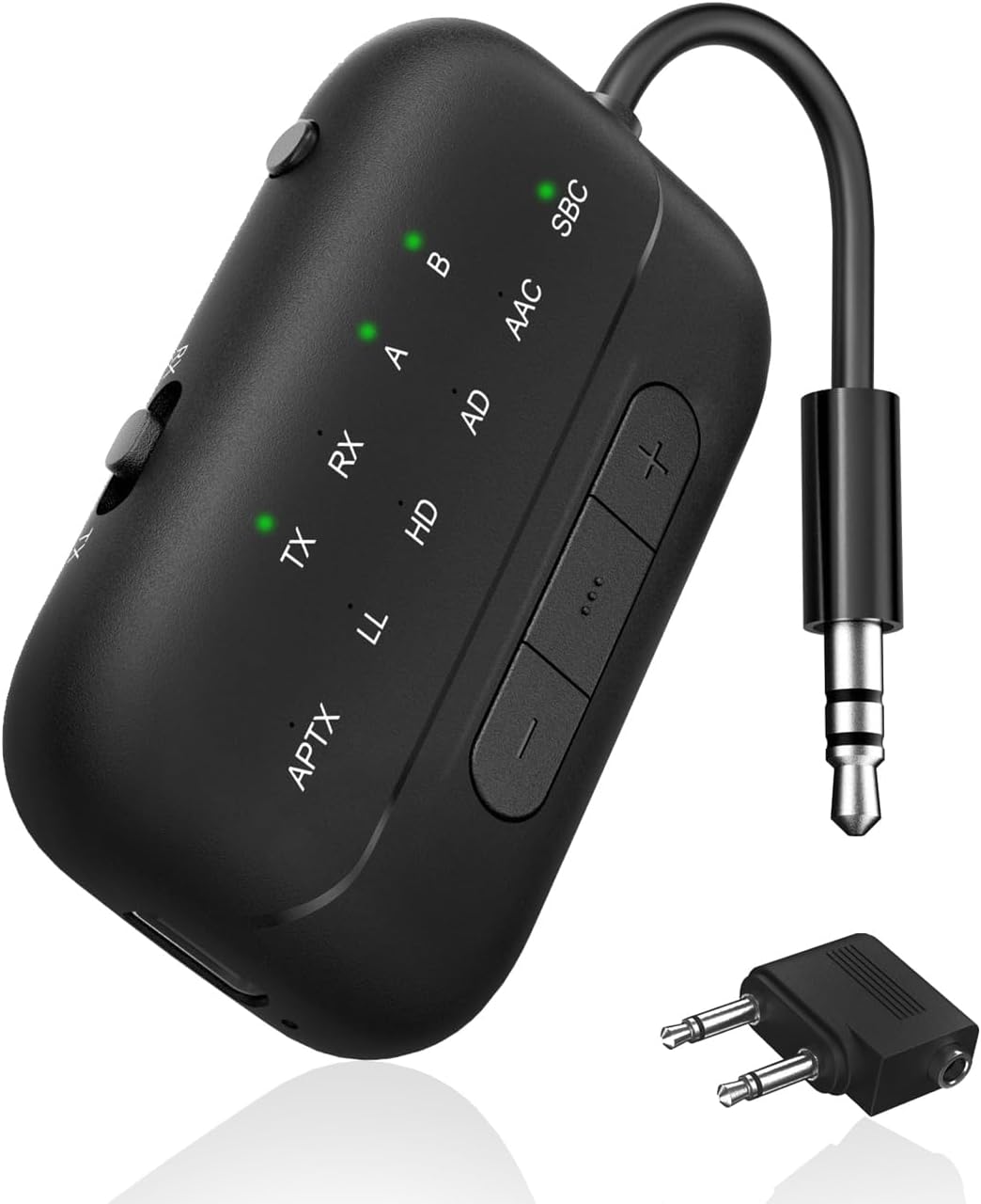 SONRU Bluetooth 5.3 Transmitter & Receiver, Supports 2 Headphones Dual Connection, aptX-Low Latency Bluetooth Adapter, 3.5mm Aux Jack Audio Transmitter for TV/Plane/Travel/Gym/Car, Black