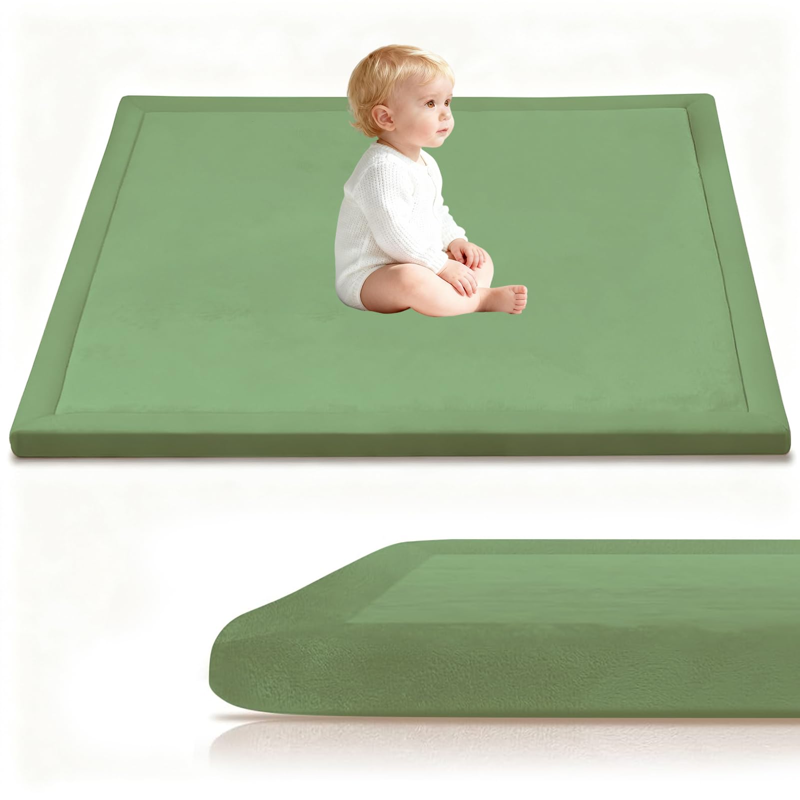 Stqyeiw 3cm Thick Baby Crawling Mat, Baby Play Mat 90 x 150 cm Grass Green Nursery Rug for Crawling Playing for Bedroom Kids, Non Slip Coral Velvet Babies Mats for Floor Play — image 1