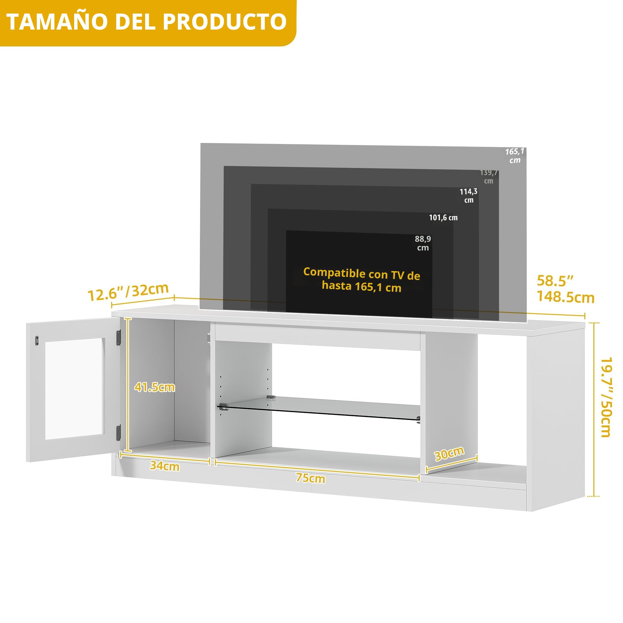 DWVO 148 cm Mueble de TV con Iluminación LED RGB 22 Modos para Televisores hasta 65 Pulgadas Mueble de Salón con Estantes de Cristal Regulables Ideal para Sala de Estar y Dormitorio