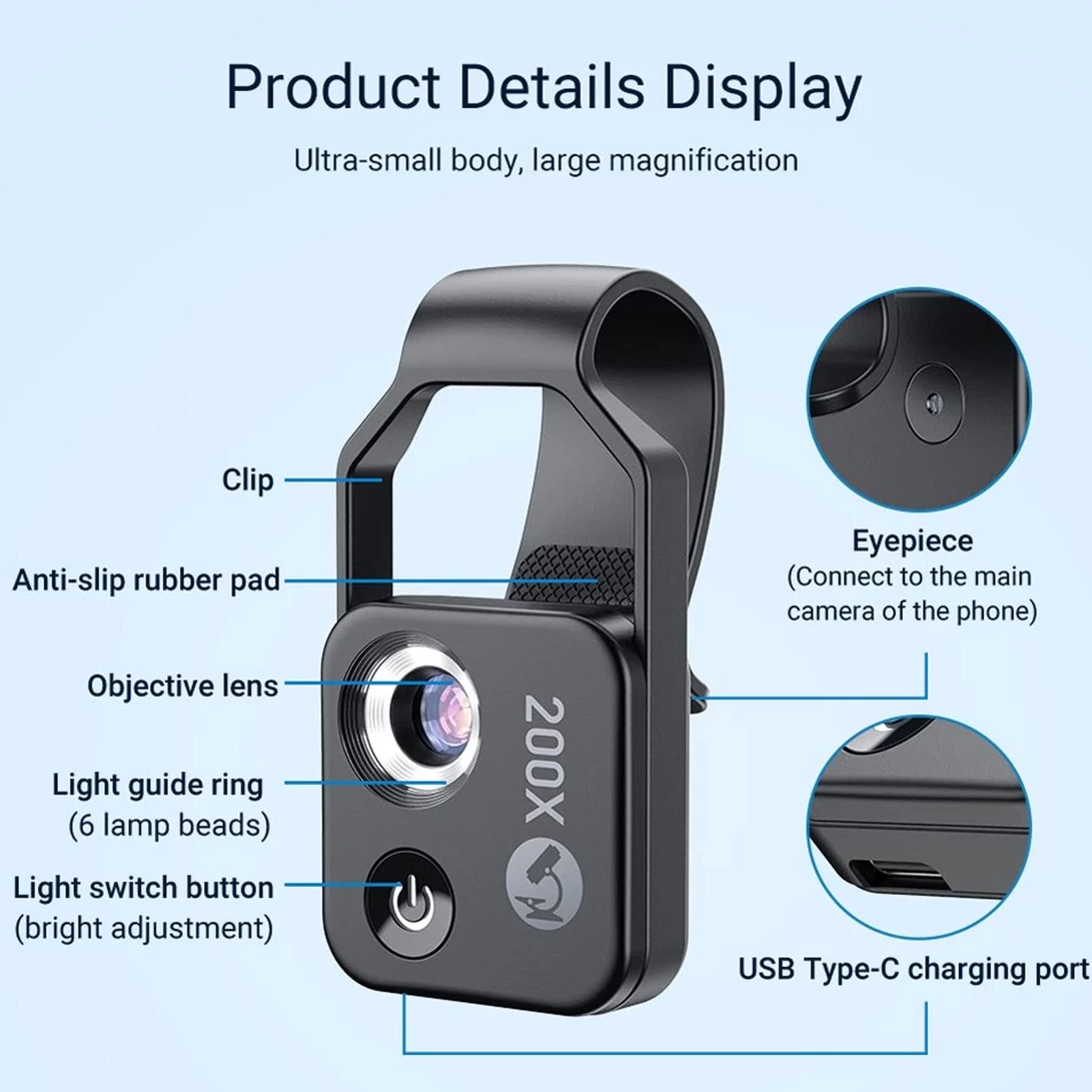 Lente per Microscopio per Telefono 200X con Luce LED per Lente CPL (BLACK) | Temperatura Colore 6000-6500k, Nessuna APP Richiesta, Clip Universale, Portatile, per Piante Minerali