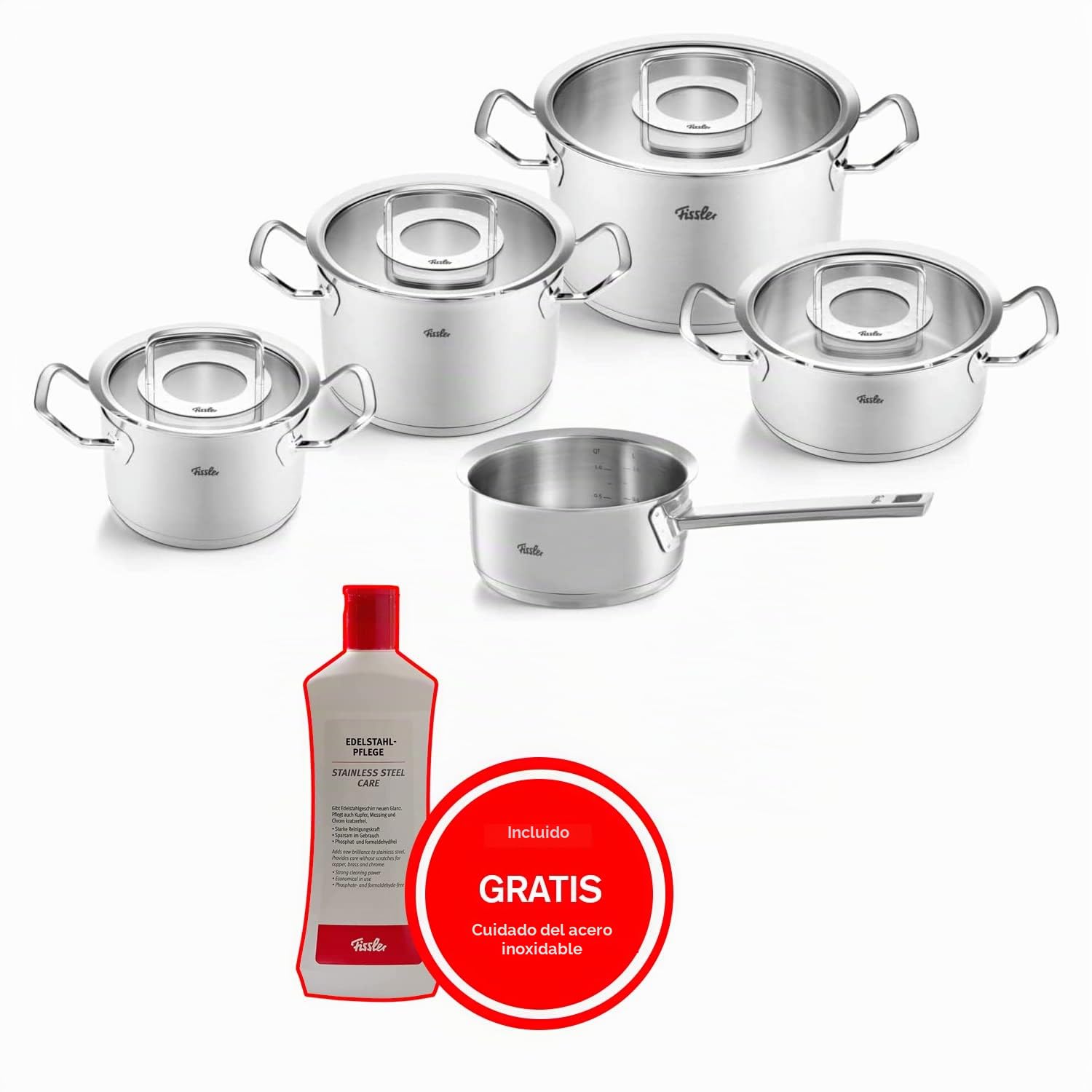 Fissler Original-Profi Collection/Edelstahl-Kochtopfset, 5-teilig, inkl. Glas-Deckel + Gratis Edelstahlpflege - Induktion