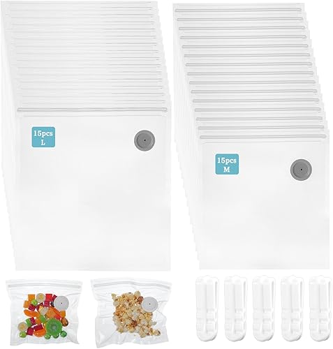 Bolsas reutilizables selladoras al vacío, 30 unidades con válvula de aire, 15 medianas (8.3 x 8.7 pulgadas) y 15 grandes (10.2 x 11 pulgadas),
