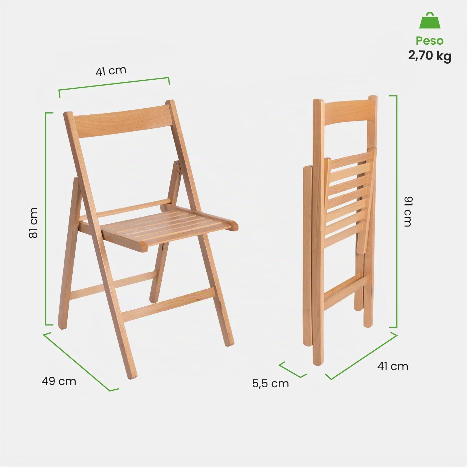 Set 2 Sillas Plegable De Madera, Exterior, Terraza, Jardín, Comedor, Ligera | Madera de Haya