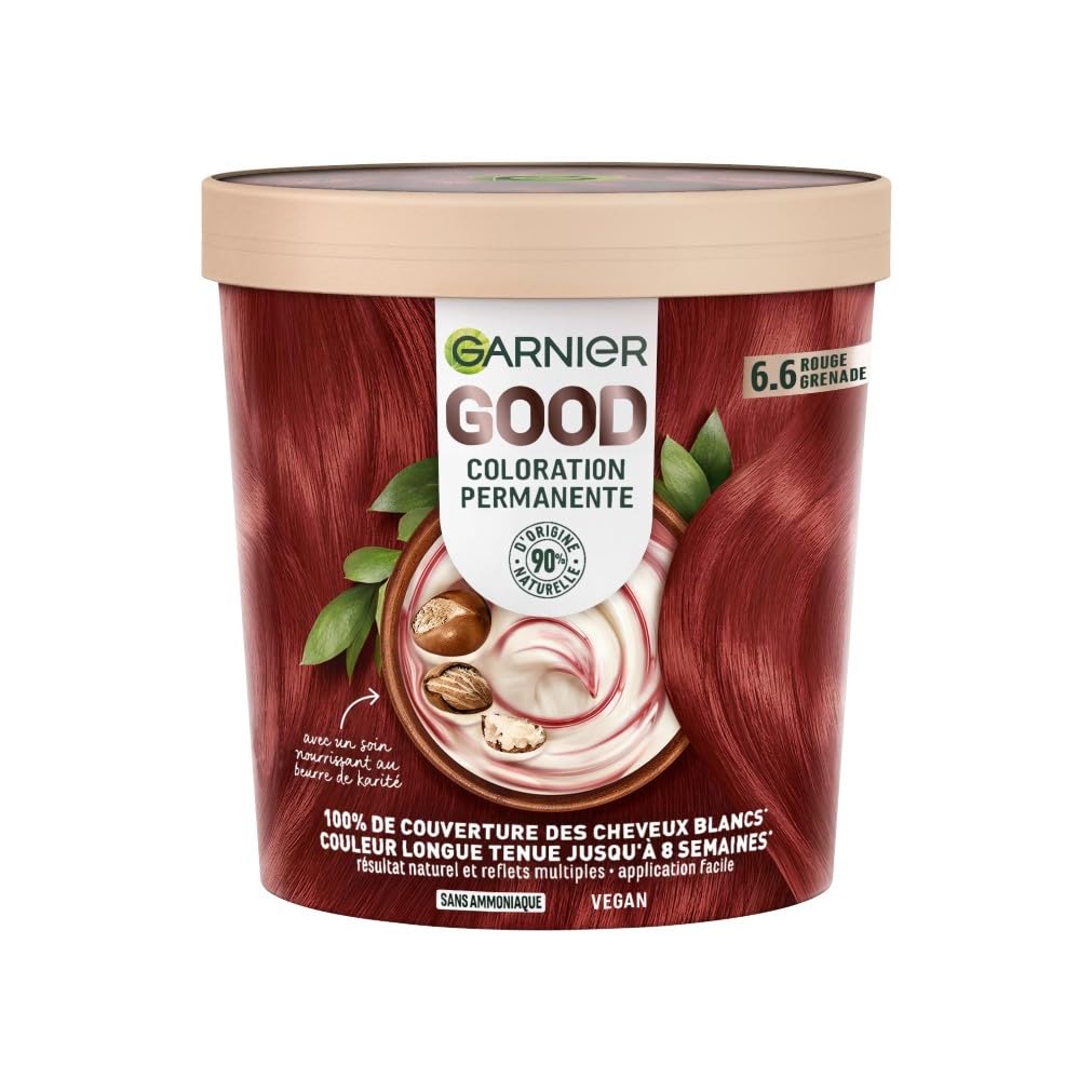 Garnier - Coloration Permanente - Sans Ammoniaque - 90% d'Ingrédients d'Origine Naturelle et Formule Vegan - Beurre de Karité - 100% Couverture Cheveux Blancs - Rouge Grenade (6.6) - Good