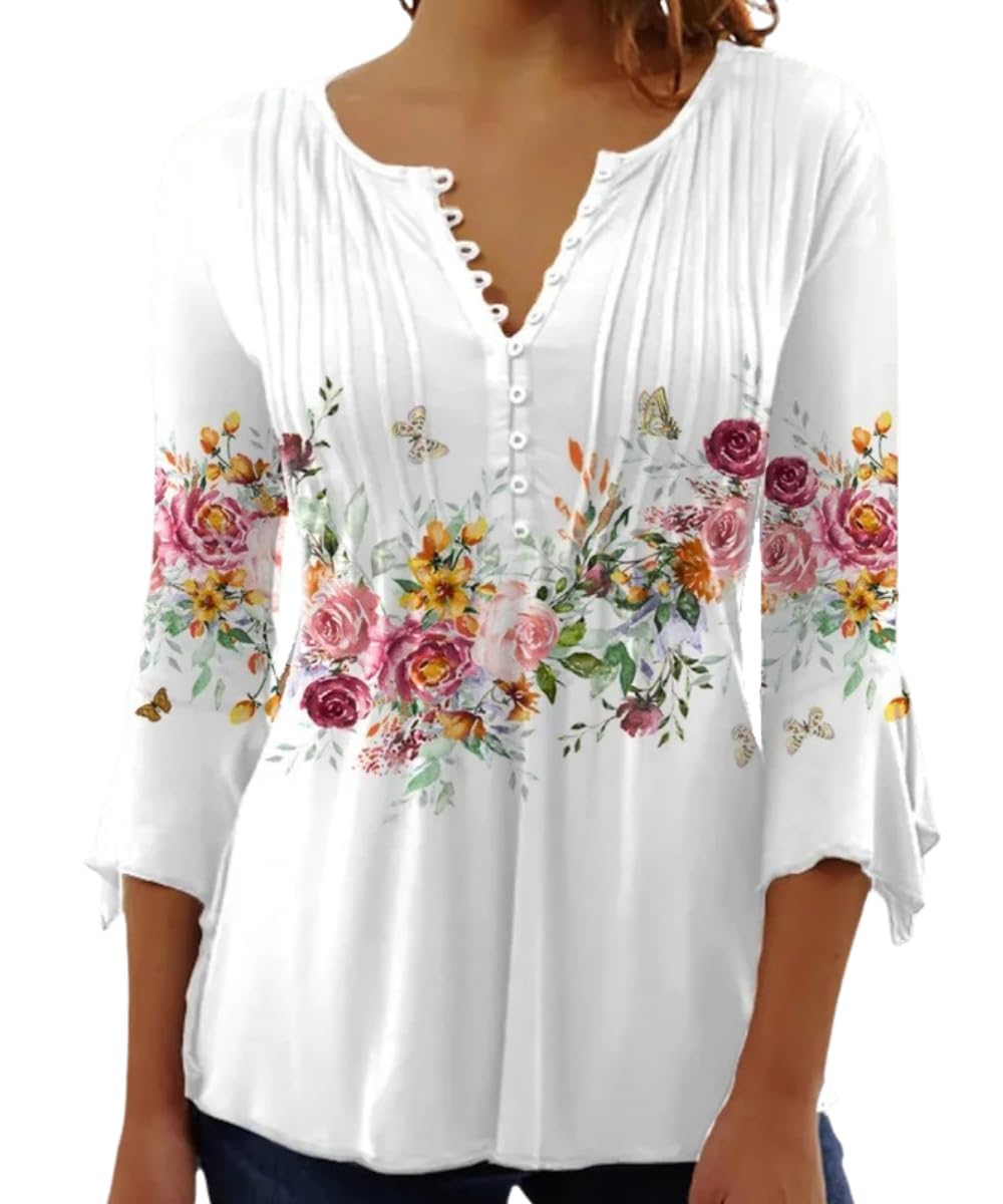 ABYOVRT Blusa de Mujer Camisa Elegante Manga 3/4 Cuello V Estampadas Camiseta Casual Holgada Verano,S-XXL