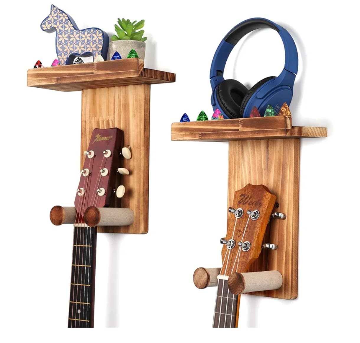 Wooden Guitar Wall Mount Hanger with Shelf for Headphones, Ukulele & Acoustic Guitars | Rustic Wall Holder Stand for Home & Studio Decor | Handmade Pine Wood Display Rack-image-43