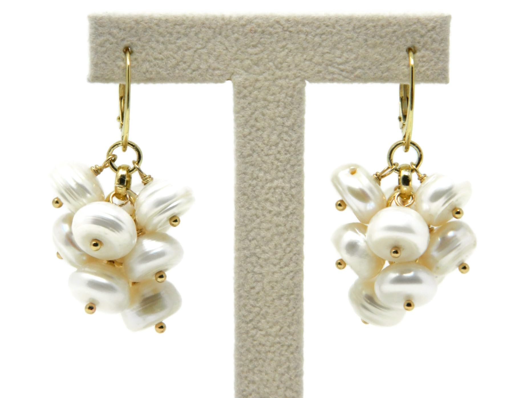 DodiGioielli Orecchini Pendenti a Grappolo con Perle di Fiume Bianche a Rondelle, Argento 925 Placcato Oro Giallo, 5 cm, Handmade in Italy