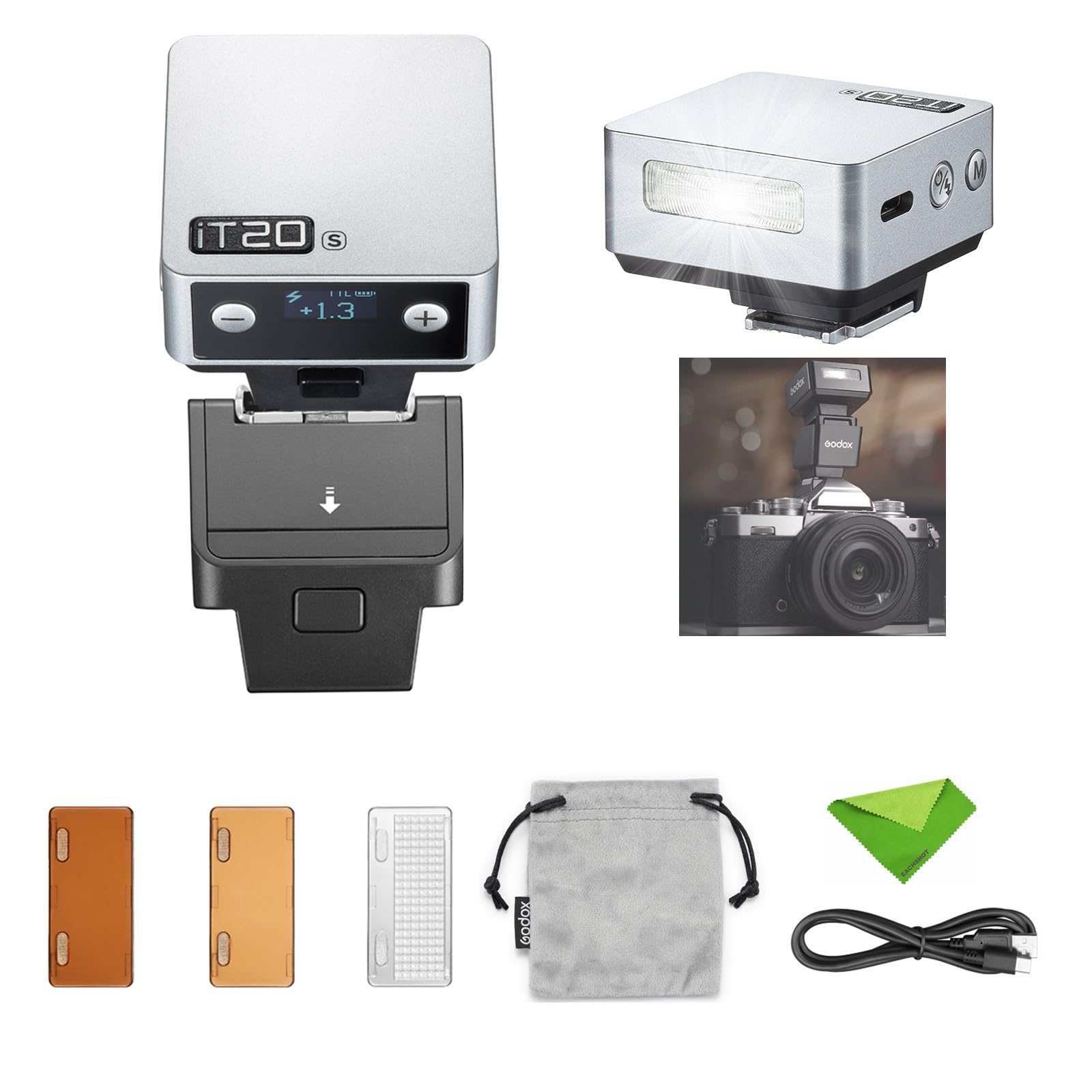 Godox IT20 S IT20S Mini Flash de cámara Compatible con cámaras Sony, TTL Godox Flash, 700 + Full Power, 1.5s Tiempo de Reciclaje, Carga USB-C, con difusor magnético y Filtro -Silver