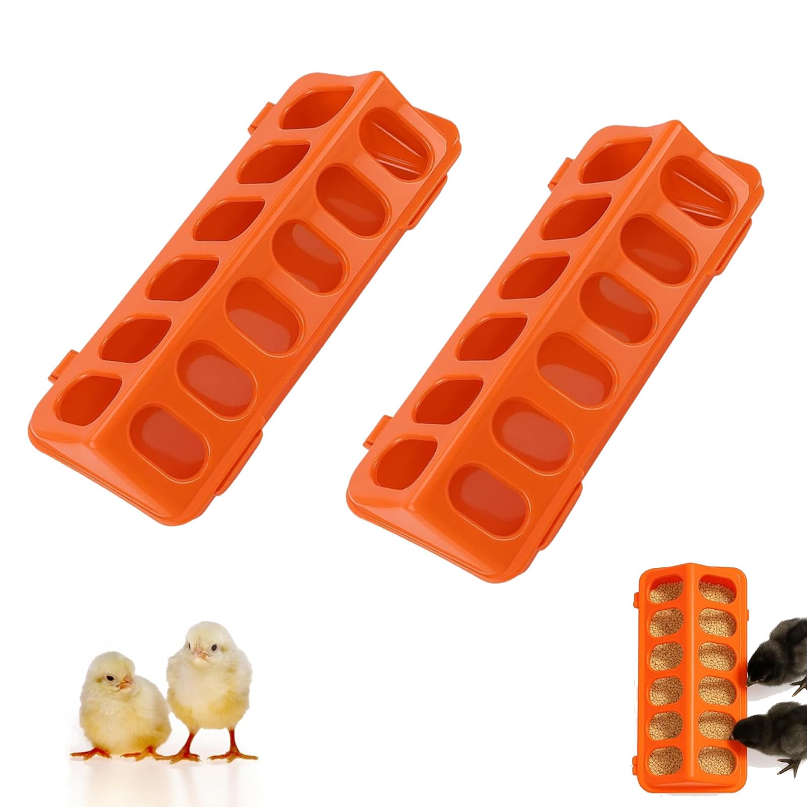 2 Pack Orange Flip-Top Poultry Feeder, Spill-Resistant Poultry Feeding for Small Birds Ducklings, Quail, Pigeons, Automatic Feeding for Busy Owners