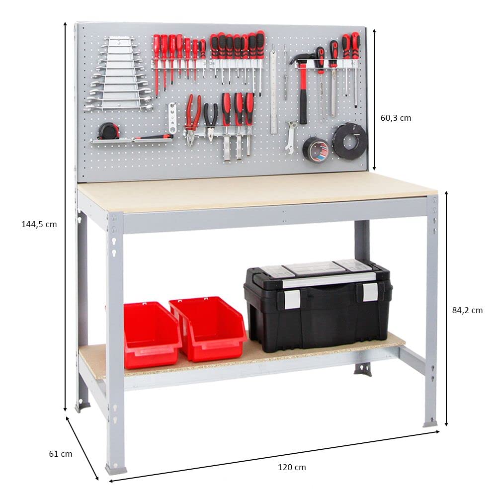 Proregal Werkbank Quick-Buffalo mit Werkzeugwand + Zubehör Gamma | HxBxT 84x120x61cm | Traglast 600kg |Grau