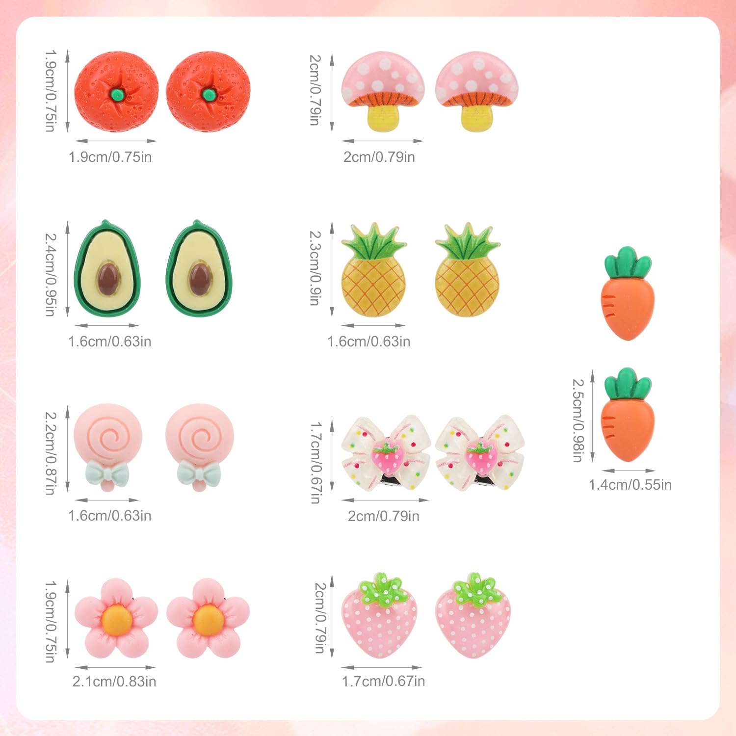 9 Pairs Kids Clip On Earrings for Little Girls, Vegetable Fruit Flower Toddler Earrings with Ear Pads for Teen Jewelry Gift